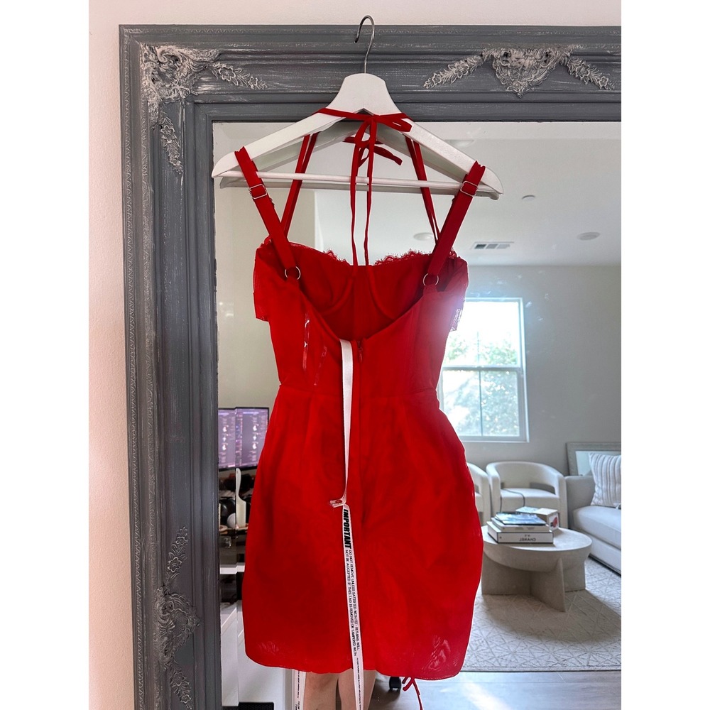 NWT Mistress Rocks Red Mesh Ruched Corset Mini Dress Halter Neck Lace Trim XS - Picture 10 of 15